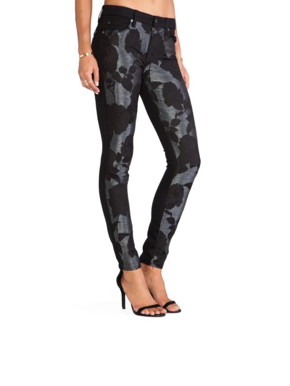 NEW 7FAM Pieced Skinny Black Grey Floral Shantung